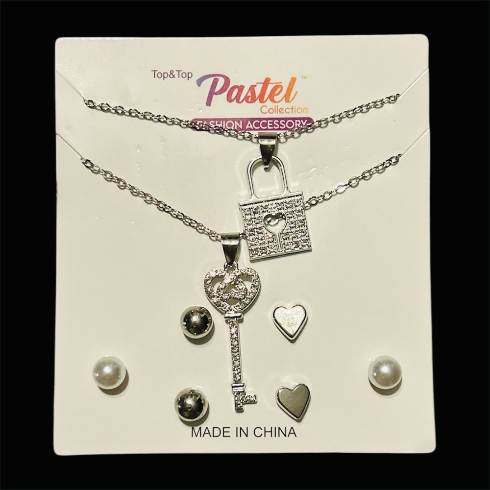 Silver Key and Lock Necklace Set with Earrings